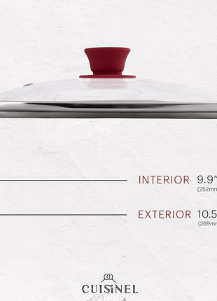 Cuisinel Square Glass Lid for Grill Pans with Steam Vent Hole - 10.5"-inch/26.67cm - Fits Lodge Cast Iron - Fully Assembled Universal Replacement Cover - Tempered and Oven Safe - Reinforced Stainless