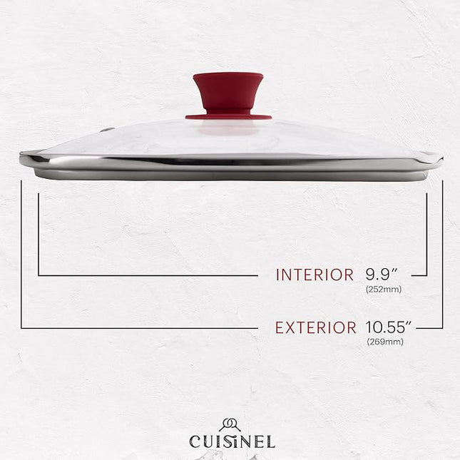 Cuisinel Square Glass Lid for Grill Pans with Steam Vent Hole - 10.5"-inch/26.67cm - Fits Lodge Cast Iron - Fully Assembled Universal Replacement Cover - Tempered and Oven Safe - Reinforced Stainless