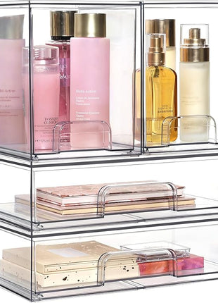 Vtopmart Clear Stackable Storage Drawers Set of 4, Plastic Organizer Bins for Makeup, Cosmetics, Beauty Supplies,Ideal for Vanity, Bathroom,Cabinet,Pantry Organization
