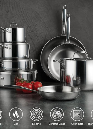Tramontina Signature Tri-Ply Clad Stainless Steel 13-Piece Cookware Set with Lids, Pots and Pans Kitchen Set, Induction-Ready, Dishwasher-Safe, NSF-Certified