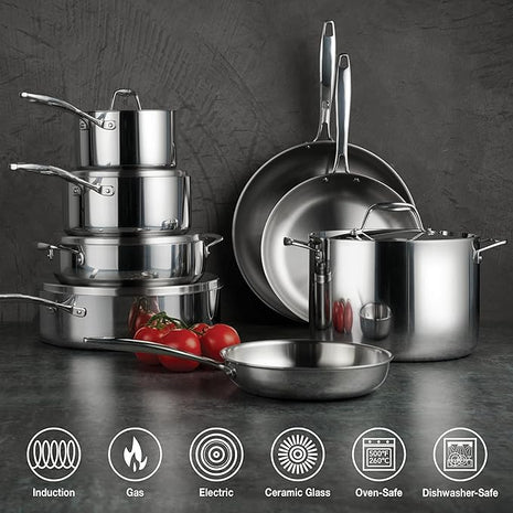 Tramontina Signature Tri-Ply Clad Stainless Steel 13-Piece Cookware Set with Lids, Pots and Pans Kitchen Set, Induction-Ready, Dishwasher-Safe, NSF-Certified
