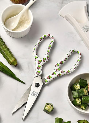 Linoroso Kitchen Scissors Heavy Duty Kitchen Shears with Magnetic Holder Made with Japanese Steel 4034, Multipurpose Ultra Sharp Cooking Scissors for Meat/Vegetables/BBQ/Herbs/Pizza (Graphic,Chili)