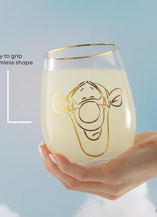 JoyJolt Disney Winnie the Pooh Gold Sketch Stemless Drinking Glasses Set of 4, 19oz Glass Cups ft Pooh Bear Tigger Piglet Eeyore, Disney Kitchen Glassware Set, Winnie the Pooh Adult Gifts