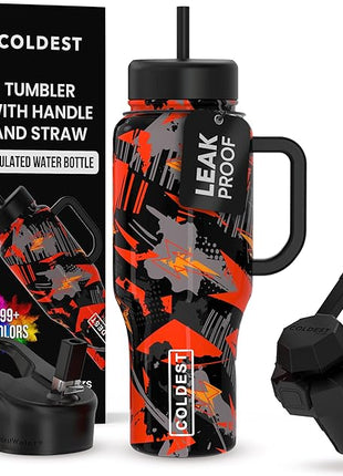 Coldest Tumbler with Handle and Straw - 100% Leak Proof Insulated Tumbler with Lid and Straw (3 Lids) - Stainless Steel Tumblers for Women & Men - Cup Holder Friendly Base, 36 oz (Savage Red)