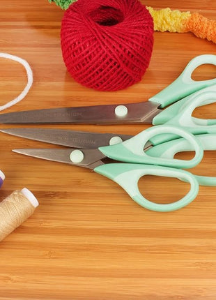BambooMN Titanium Softgrip Scissors Set for Sewing, Arts, Crafts, Office - 3 Sets of 3 - Mint Green