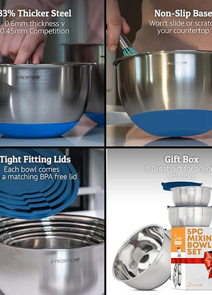 Priority Chef Premium Mixing Bowls With Airtight Lids Set, Thicker Stainless Steel Mixing Bowl Set, Large Prep Metal Bowls with Lids, Nesting Bowls for Kitchen, 1.5/2/3/4/5 Qrt, Blue
