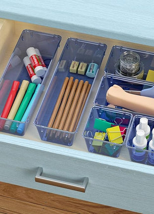 WOWBOX 6 Pack Clear Drawer Organizer Set, Acrylic Drawer Storage Trays, Storage Bins for Makeup, Cosmetics, Jewelries, Utensils, Gadgets, Office, Dark Blue