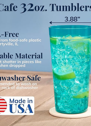 US Acrylic Café Plastic Reusable Tumblers (Set of 12) 32-ounce Iced-Tea Cups, Assorted | Value Set of Restaurant Style Drinking Glasses, Stackable, BPA-free, Made in the USA | Top-rack Dishwasher Safe