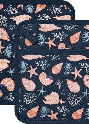 Pot Holders Set of 2 Heat Resistant 480℉ Kitchen 100% Cotton Comfortable Lining Printing Cowry Flower Women Men Home Cooking Baking Microwave BBQ Gift (Cowry potholders)