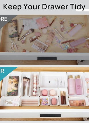 Vtopmart 44 PCS Plastic Drawer Organizers Set, 4-Size Versatile Bathroom and Vanity Organizer Trays, Non-Slip Storage Containers for Makeup, Jewelries, Bedroom，Kitchen Utensils and Office, White