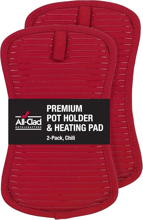 All-Clad Premium Pot Holder & Heating Pad, (2-Pack) Heat Resistant to 500 Degrees, 100% Cotton 10"x6.25" for Kitchen and Barbeque, Chili Red