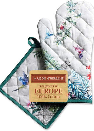 Maison d' Hermine 100% Cotton Oven Mitt & Pot Holder Set (7.5"x13" & 8"x8") Heat Resistant BBQ Cooking Gloves with Loop, Baking, Grilling, Kitchen, Handling Hot Pans Spring/Summer (Tropiques)