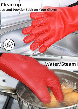 GEEKHOM Silicone Grilling Gloves, Heat Resistant Oven Mitts, BBQ Gloves, Waterproof Non-Slip for Barbecue, Cooking, Baking, Fryer, Red