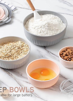 COOK WITH COLOR Prep Bowls with Lids- Wide and Deep Nesting Plastic Small Mixing Bowl Set with Lids, 8 Piece Set - Wide Bowls, Grey/Pink