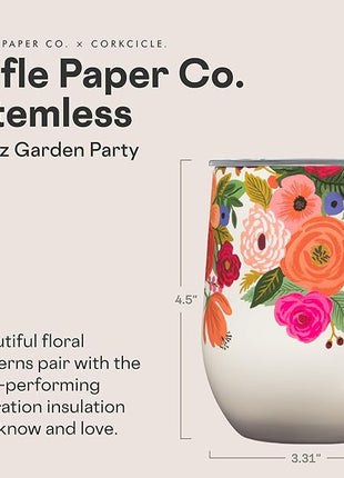 Corkcicle Stemless Insulated Wine Glass Tumbler - Keeps Beverages Cold 6 Hrs Hot 3 Hrs - Stainless Steel - Easy-Grip - Summer Drinkware Gift - Keeps Drinks Ice Cold - 12 oz - Garden Party