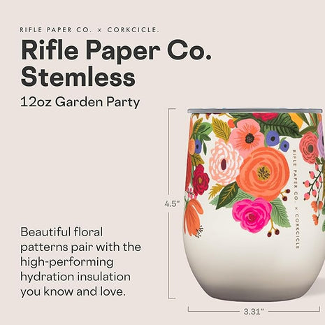 Corkcicle Stemless Insulated Wine Glass Tumbler - Keeps Beverages Cold 6 Hrs Hot 3 Hrs - Stainless Steel - Easy-Grip - Summer Drinkware Gift - Keeps Drinks Ice Cold - 12 oz - Garden Party