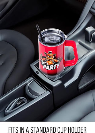 Silver Buffalo Five Nights At Freddy's “Let's Party” Stainless Steel Tumbler with Handle Featuring Freddy Fazbear, Fits in Standard Cup Holder, 40 Ounces