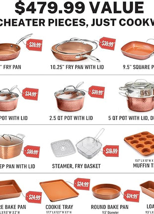 Gotham Steel Hammered 20 Pc Ceramic Cookware Set Nonstick, True Ceramic Pots and Pans Set Non Stick with Deep Square Pan Set & Bakeware Set, Non Toxic PFOA PFOS Free, Oven & Dishwasher Safe