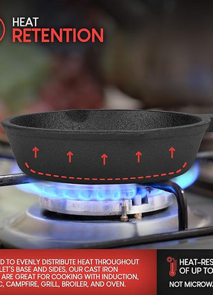 Modern Innovations Mini Black Cast Iron Skillet Set with Silicone Mitt (4 Count) - 3.5 Inch Pans, Pre Seasoned Small Skillets for Baked Cookie/Brownie or Cooked Eggs