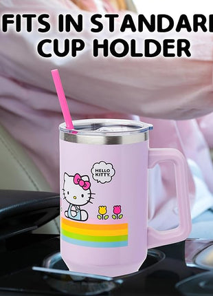 Silver Buffalo Sanrio Hello Kitty Spring and Summer Flowers Rainbow Stripes Stainless Steel Tumbler with Handle and Straw, Fits in Standard Cup Holder, 40 Ounces