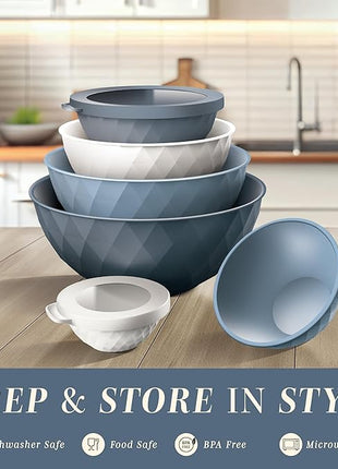 COOK WITH COLOR Mixing Bowls with Lids - 12 Piece Plastic Nesting Bowls Set includes 6 Prep Bowls and 6 Lids, Diamond Design - Microwave Safe, Denim
