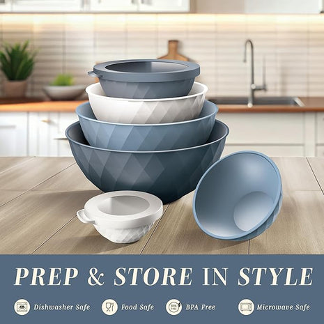 COOK WITH COLOR Mixing Bowls with Lids - 12 Piece Plastic Nesting Bowls Set includes 6 Prep Bowls and 6 Lids, Diamond Design - Microwave Safe, Denim