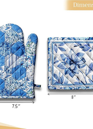 Maison d' Hermine 100% Cotton Oven Mitt & Pot Holder Set (7.5"x13" & 8"x8") Heat Resistant BBQ Cooking Gloves with Loop, Baking, Grilling, Kitchen, Handling Hot Pans Spring/Summer (Summer Blues)