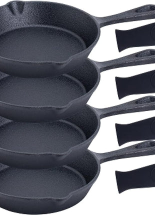 Bruntmor Cast Iron Frying Pan Set of 4-6x4 Inch Black Pre-Seasoned Skillets with Heat-Resistant Silicone - Mini Cast Iron Skillet Set for Stovetop, Oven, and Grill