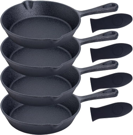 Bruntmor Cast Iron Frying Pan Set of 4-6x4 Inch Black Pre-Seasoned Skillets with Heat-Resistant Silicone - Mini Cast Iron Skillet Set for Stovetop, Oven, and Grill