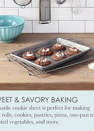 Chicago Metallic Commercial II Non-Stick Small Cookie/Baking Sheet. Perfect for making jelly rolls, cookies, pastries, one-pan meals, and more,12.25 by 8.75, Gray