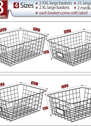 8 Set, Extra Large Wire Baskets for Organizing with Lables, Cabinet Pantry Organization and Storage Bins - Metal Basket for Kitchen, Laundry, Garage, Fridge, Bathroom Countertop Organizer, Black