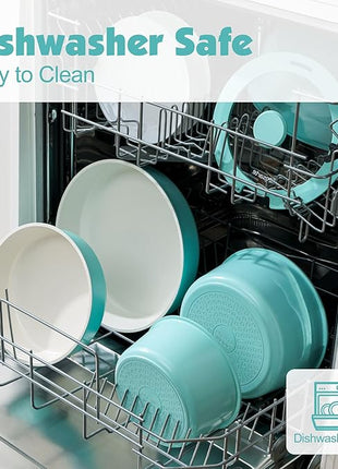 SENSARTE 17 Piece Ceramic Pots and Pans Set, Nonstick Detachable Handle Cookware, Induction Kitchen Cookware Set with Removable Handle, Dishwasher ＆ Oven Safe (Turquoise)