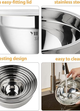 YIHONG Stainless Steel Mixing Bowls Set, 7 Piece Metal Mixing Bowls with Lids Set for Kitchen, Nesting Steel Mixing Bowls Ideal for Baking, Prepping, Cooking, and Serving Food(White)