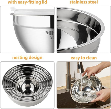 YIHONG Stainless Steel Mixing Bowls Set, 7 Piece Metal Mixing Bowls with Lids Set for Kitchen, Nesting Steel Mixing Bowls Ideal for Baking, Prepping, Cooking, and Serving Food(White)