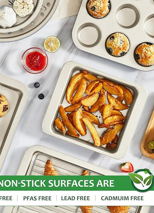 HONGBAKE Bakeware Sets, Baking Pans Set, Nonstick Oven Pan for Kitchen with Wider Grips, 10-Piece Including Rack, Cookie Sheet, Cake Pans, Loaf Pan, Muffin Pan, Pizza Pan -Cream