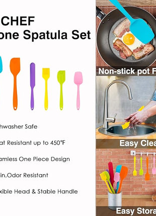 Silicone Spatula Set of 7, P&P CHEF Heat-Resistant Rubber Spatulas Kitchen Utensils Set for Non-stick Cooking Baking Mixing, Seamless & Flexible Design, Dishwasher Safe, Multicolor