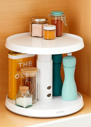 YouCopia Crazy Susan Two-Tier Turntable, Height-Adjustable Lazy Susan Organizer for Kitchen Cabinet and Pantry Organization and Storage, White