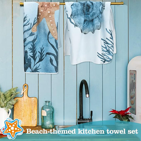 Boyiee Set of 6 Beach Kitchen Towels Sea Ocean Animal Nautical Tea Towels 24 x 16 Inches Kitchen Gifts Turtle Jellyfish Seahorse Hand Dishcloth for Farmhouse Bathroom Decorations
