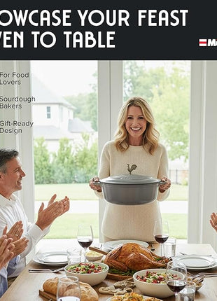 MUELLER HOME 5.5 Quart Enameled Cast Iron Oval Dutch Oven with Rooster Knob & Cotton Potholders, Heavy-Duty Cookware, Oven-Safe up to 500° F & Across All Cooktops, Gifts for Grandma & Women, Gray