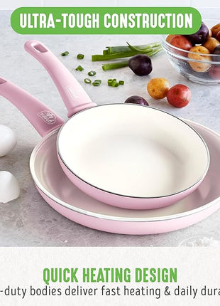 GreenLife Non Stick Fry Pan Set (7" & 10"), Non-Toxic PFAS-Free Ceramic Skillets, Dishwasher & Oven Safe, Egg Omelet Frying Pans, Stay- Cool Handles, Kitchen Home Cooking Essentials, Pink