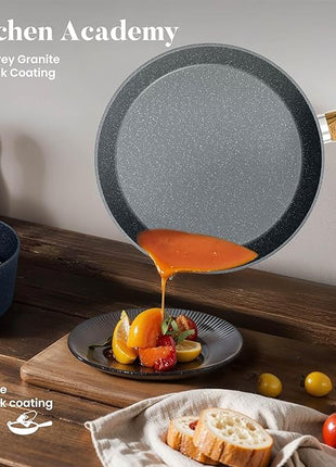 Kitchen Academy Induction Cookware Sets - 12 Piece Gray Cooking Pan Set, Granite Nonstick Pots and Pans Set