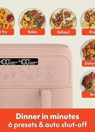 bella 4 Qt TriZone Air Fryer, EverGood™ Ceramic Nonstick Coating, Dual Basket Design w Removable Divider, Digital Touchscreen Control w 6 Preset Cooking Options, 1200 Watt, 3lb Capacity, Blossom