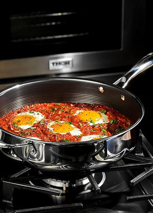 HexClad Hybrid Nonstick 3.3-Quart Deep Sauté Pan with Tempered Glass Lid, Stay-Cool Handle, Dishwasher-Friendly, Oven-Safe Up to 900°F, Induction Ready, Compatible with All Cooktops