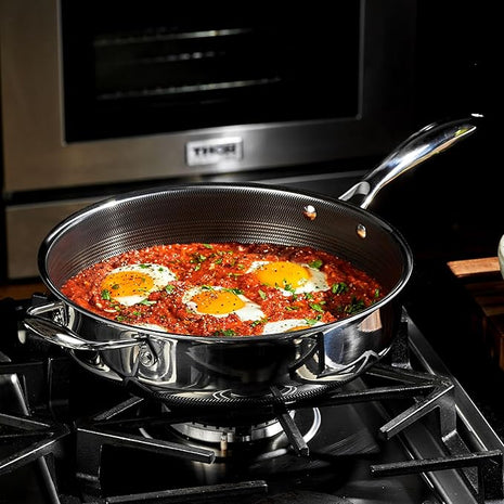 HexClad Hybrid Nonstick 3.3-Quart Deep Sauté Pan with Tempered Glass Lid, Stay-Cool Handle, Dishwasher-Friendly, Oven-Safe Up to 900°F, Induction Ready, Compatible with All Cooktops