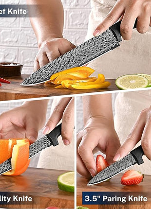Kitchen Knife Set with Cover 3 Pcs, Black Chef Knife Set for Cooking, Sharp Kitchen Knives with Sheath, 8'' Chef Knife, 5'' Utility, 3.5'' Paring, Damascus Pattern Kitchen Knife for Cutting