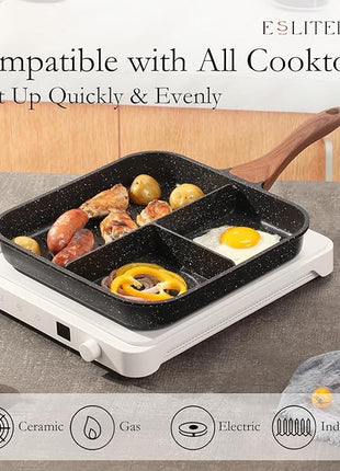 ESLITE LIFE 11 Inch Nonstick Divided Grill Pan with Lid for Indoor Cooking, Versatile 3-In-1 Induction Large Breakfast Pan for Stove Tops, PTFE & PFOA Free, Black
