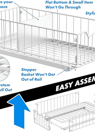 Simple Houseware Pull-Out Cabinet Sliding Basket Organizer, 17.2" D x 9.7" W x 5" H – White, Ideal for Kitchen and Bathroom Cabinet Storage, Under Sink or Pantry Organization