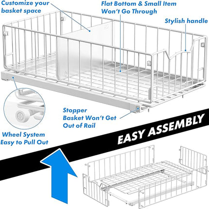 Simple Houseware Pull-Out Cabinet Sliding Basket Organizer, 17.2" D x 9.7" W x 5" H – White, Ideal for Kitchen and Bathroom Cabinet Storage, Under Sink or Pantry Organization