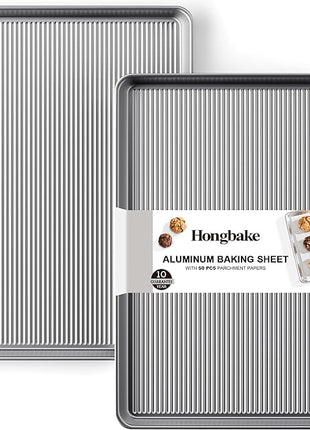 HONGBAKE Aluminum Cookie Sheets for Baking, 2-Pack Commercial Quality Half Sheet Pan, Baking Sheets Non Stick with 50 PCS Parchment Paper, 12.8 x 17.7 in, Silver
