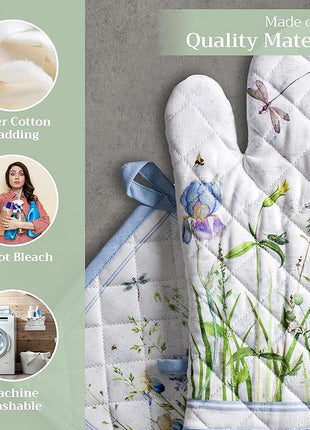 Maison d' Hermine 100% Cotton Oven Mitt & Pot Holder Set (7.5"x13" & 8"x8") Heat Resistant BBQ Cooking Gloves with Loop, Baking, Grilling, Kitchen, Handling Hot Pans Spring/Summer (Fleurs De Mai)